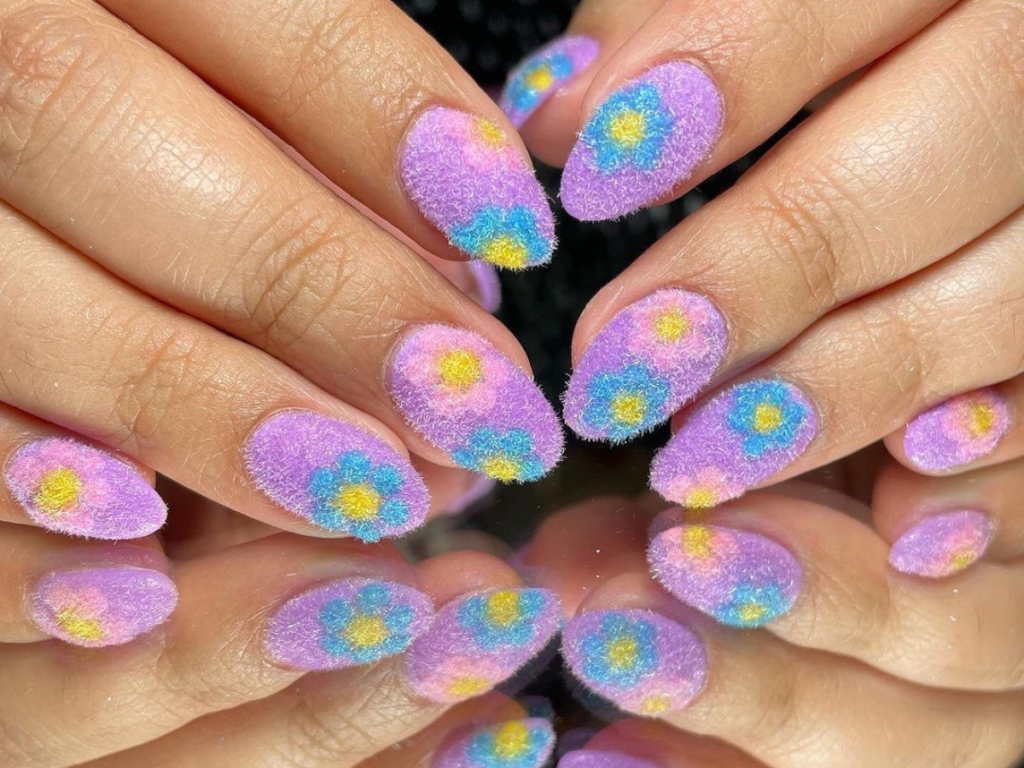 Playful Pastel Yellow, Pink & Blue Furry Nails with Floral Design
