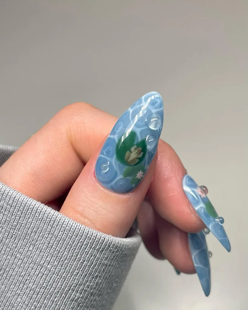 Blue pond lily nail art