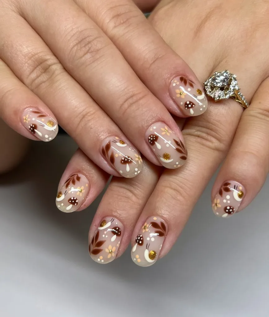 Warm-toned nails with brown leaves, gold, and white details.