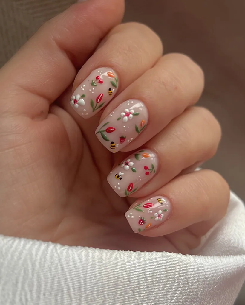 Floral garden with bees nail art