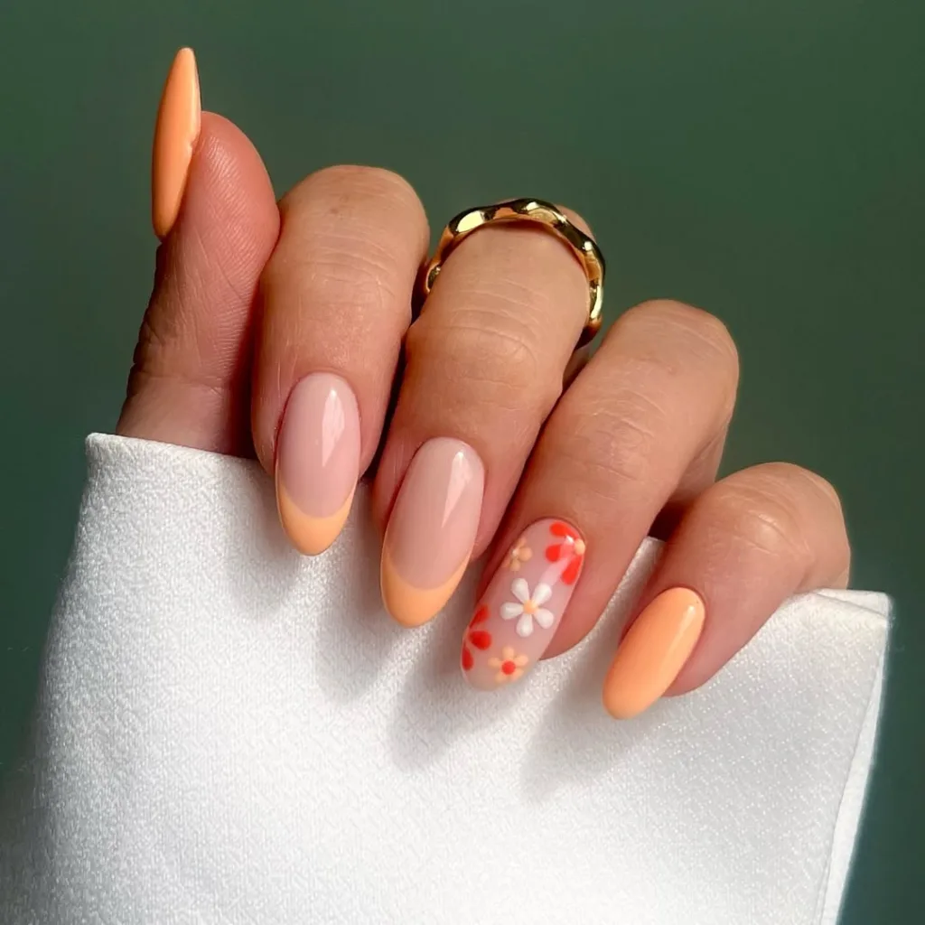 Orange French Tip Nails with Flowers