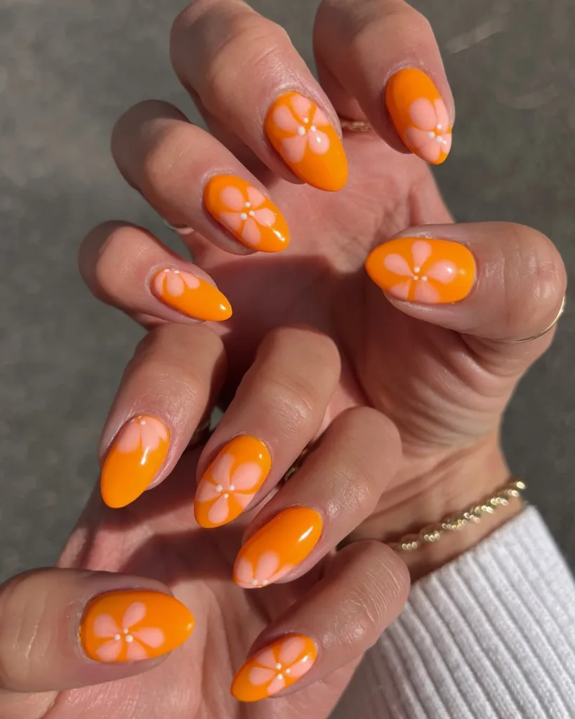 Orange Almond Nails with Flowers
