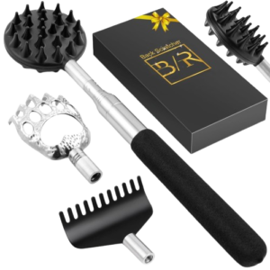  4-in-1 back scratcher with customizable heads for relief.