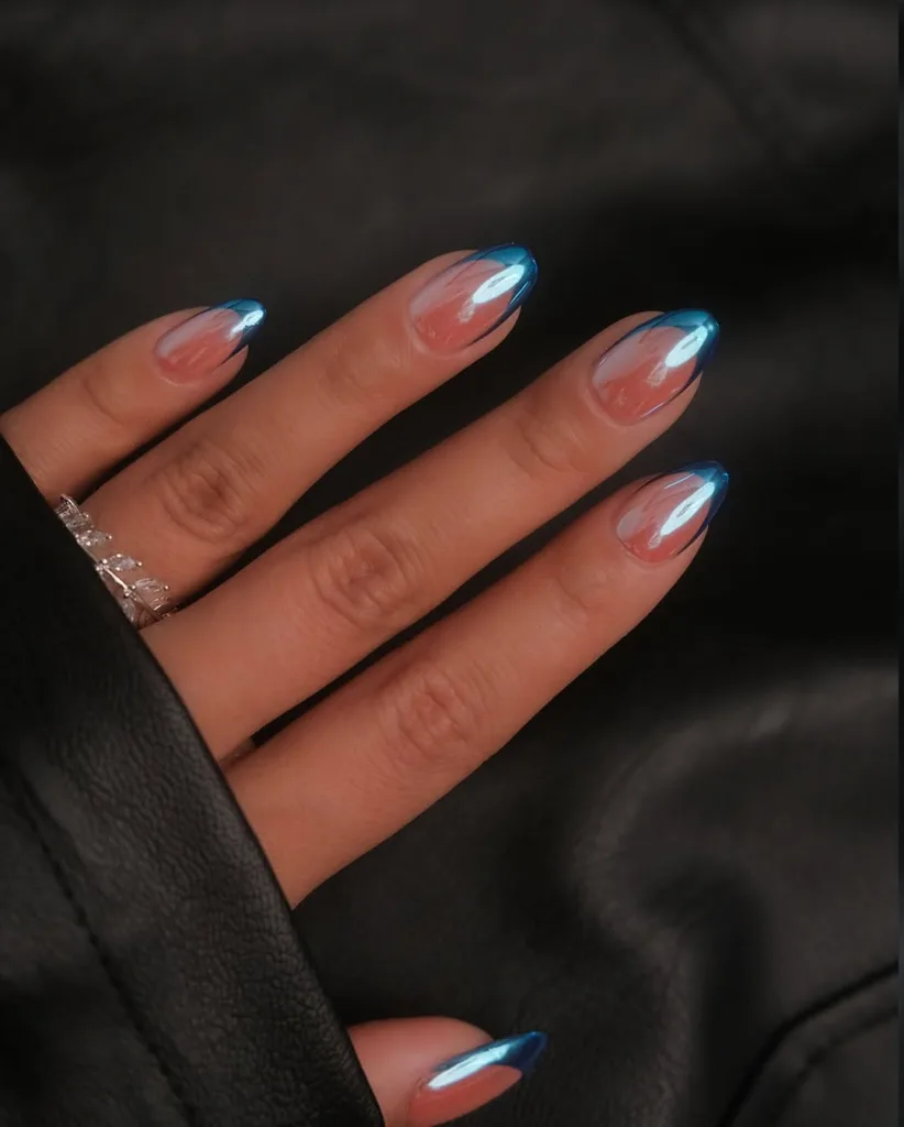 Blue Sapphire Chrome French Nails