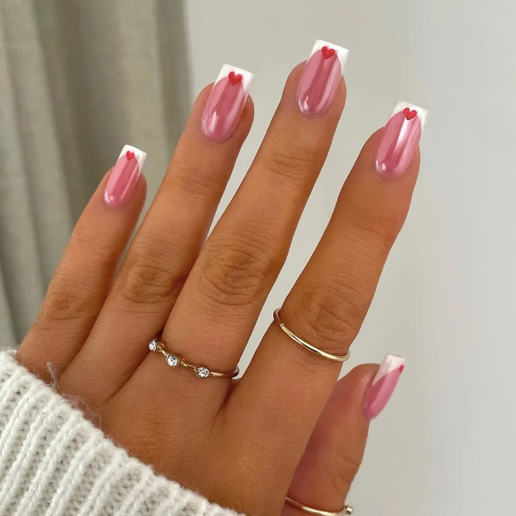 Pink Chrome French Nails with Hearts