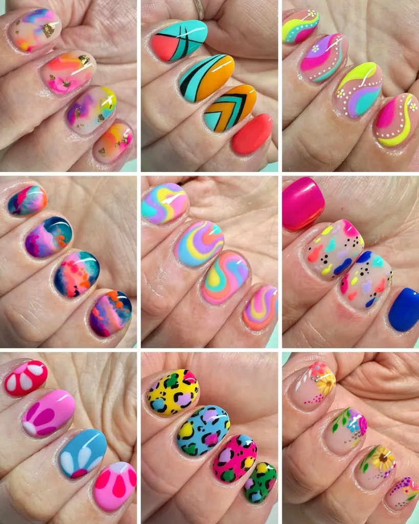 Oval nails with bold neon swirls in yellow, pink, purple, and turquoise.