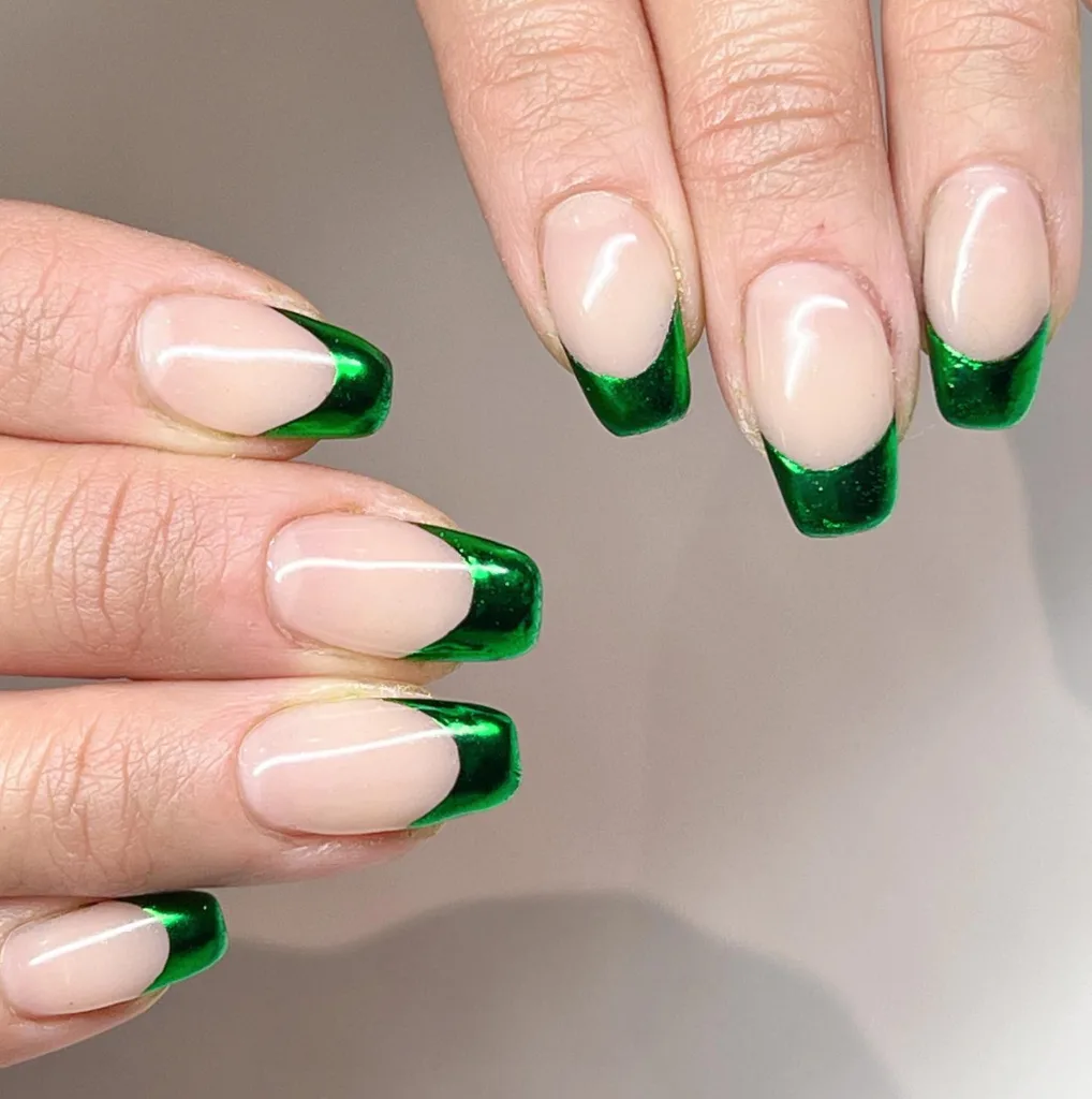 Emerald Green Chrome French Nails