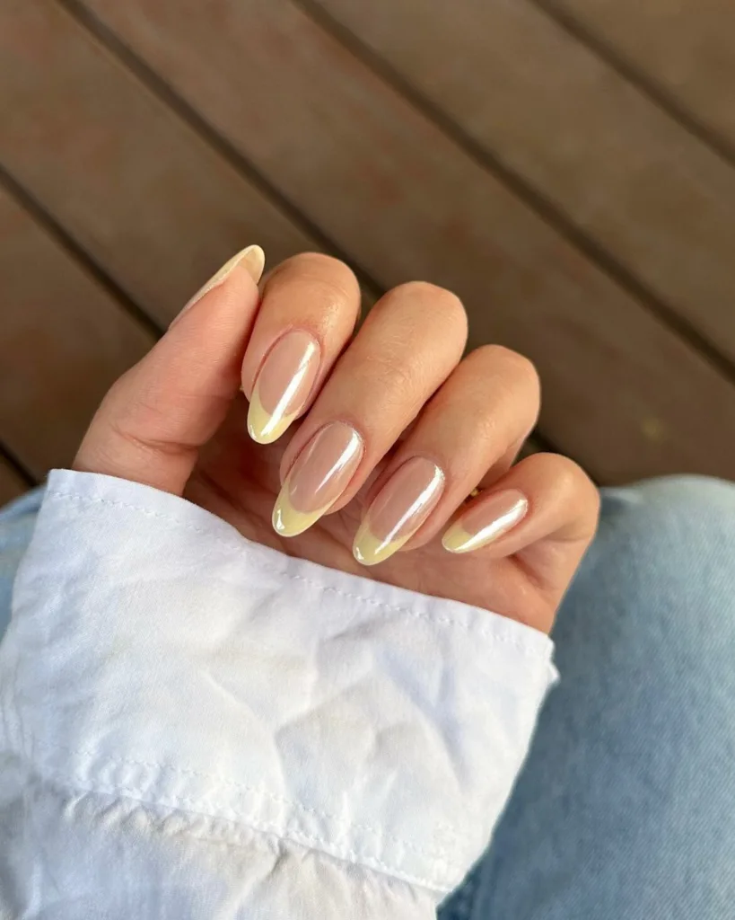 Pastel Yellow Chrome French Nails