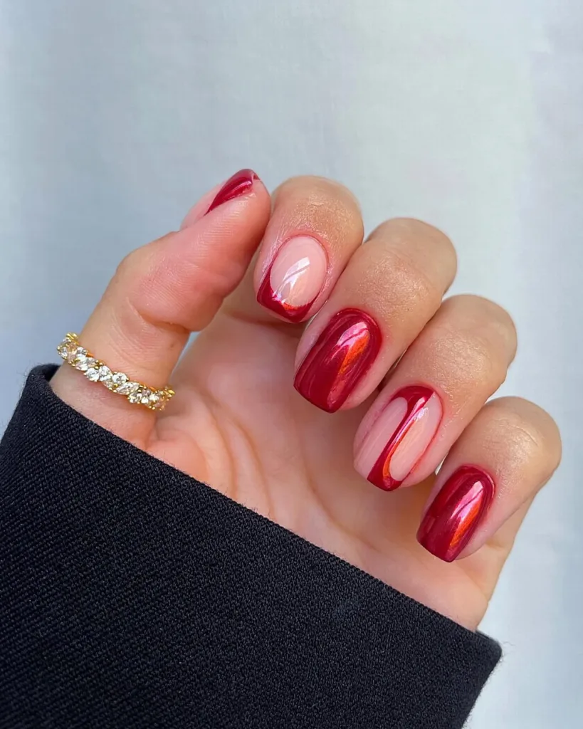 Red Mirror Chrome French Nails