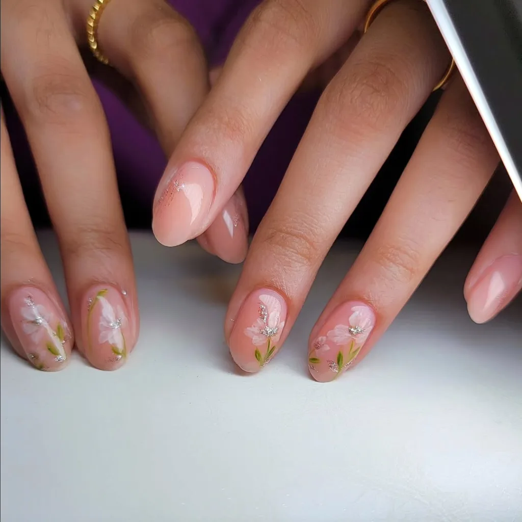  Transparent round nails with glitter and white floral details, soft and graceful.