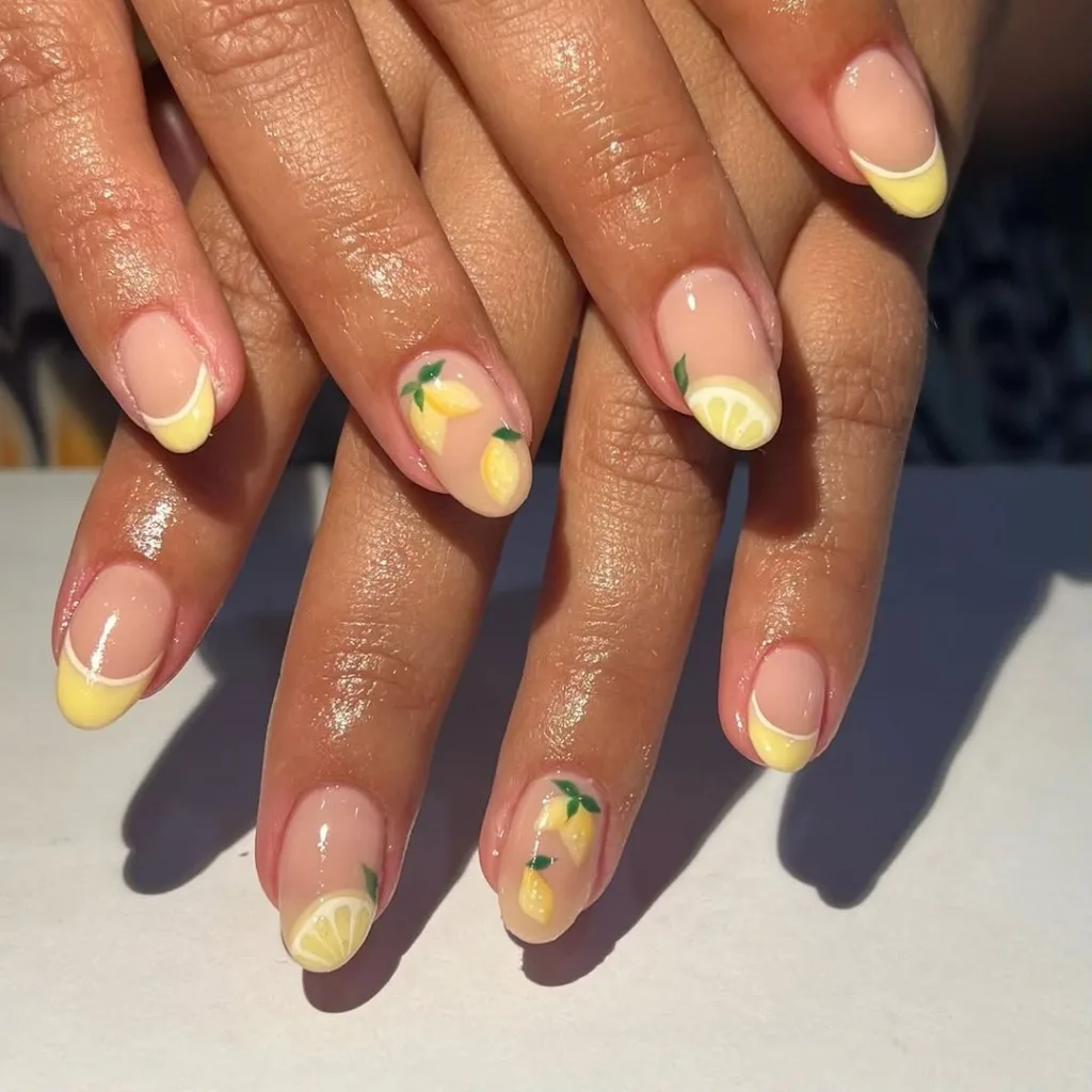 Chic lemon-themed French tip nails for a clean girl summer aesthetic.