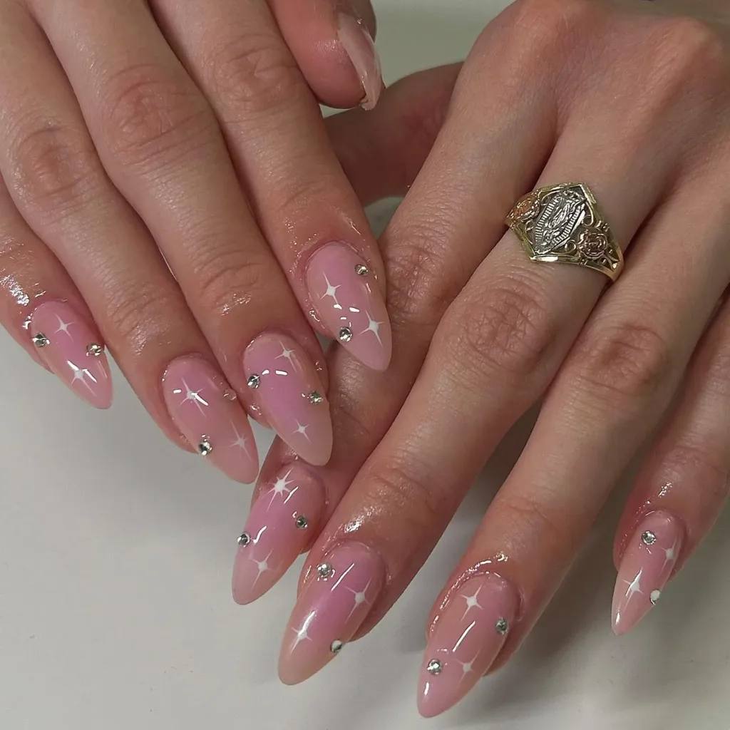Pink Diamond Rhinestone Prom Nails
